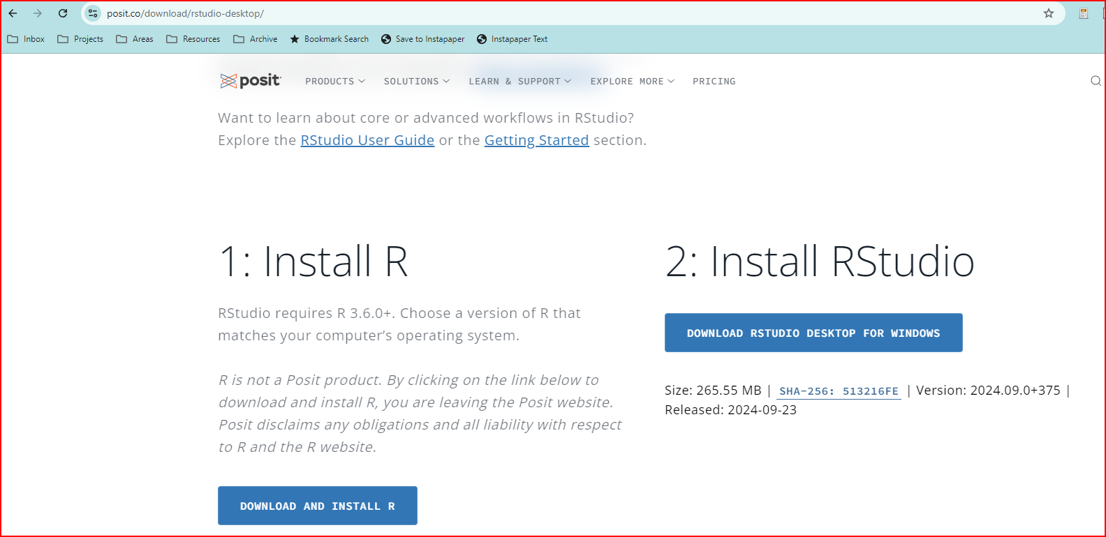 R and RStudio download pages in the post website